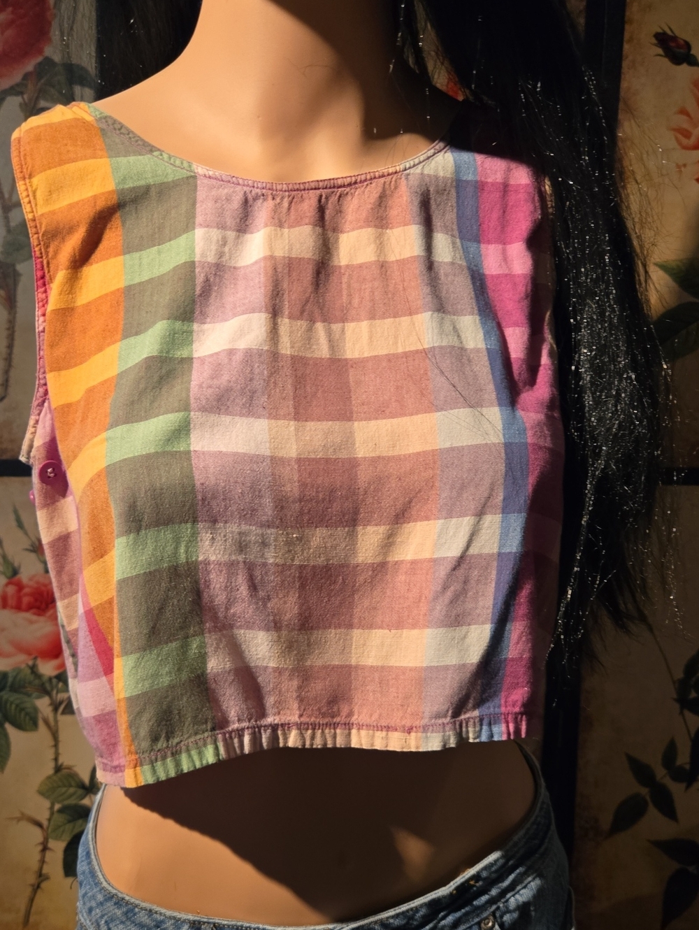 Vintage 1985 Plaid Cutout Back Women's Crop Top Small: C
